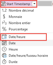 Capture d’écran du type de données Date/Heure pour StartTimestamp.