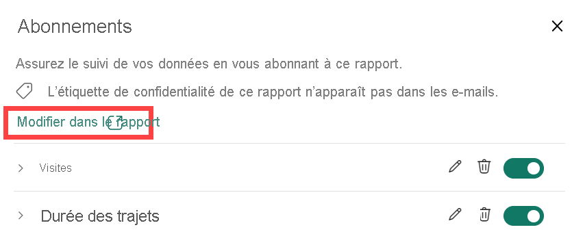 Capture d’écran affichant le volet Abonnements avec Modifier dans le rapport entouré de rouge.