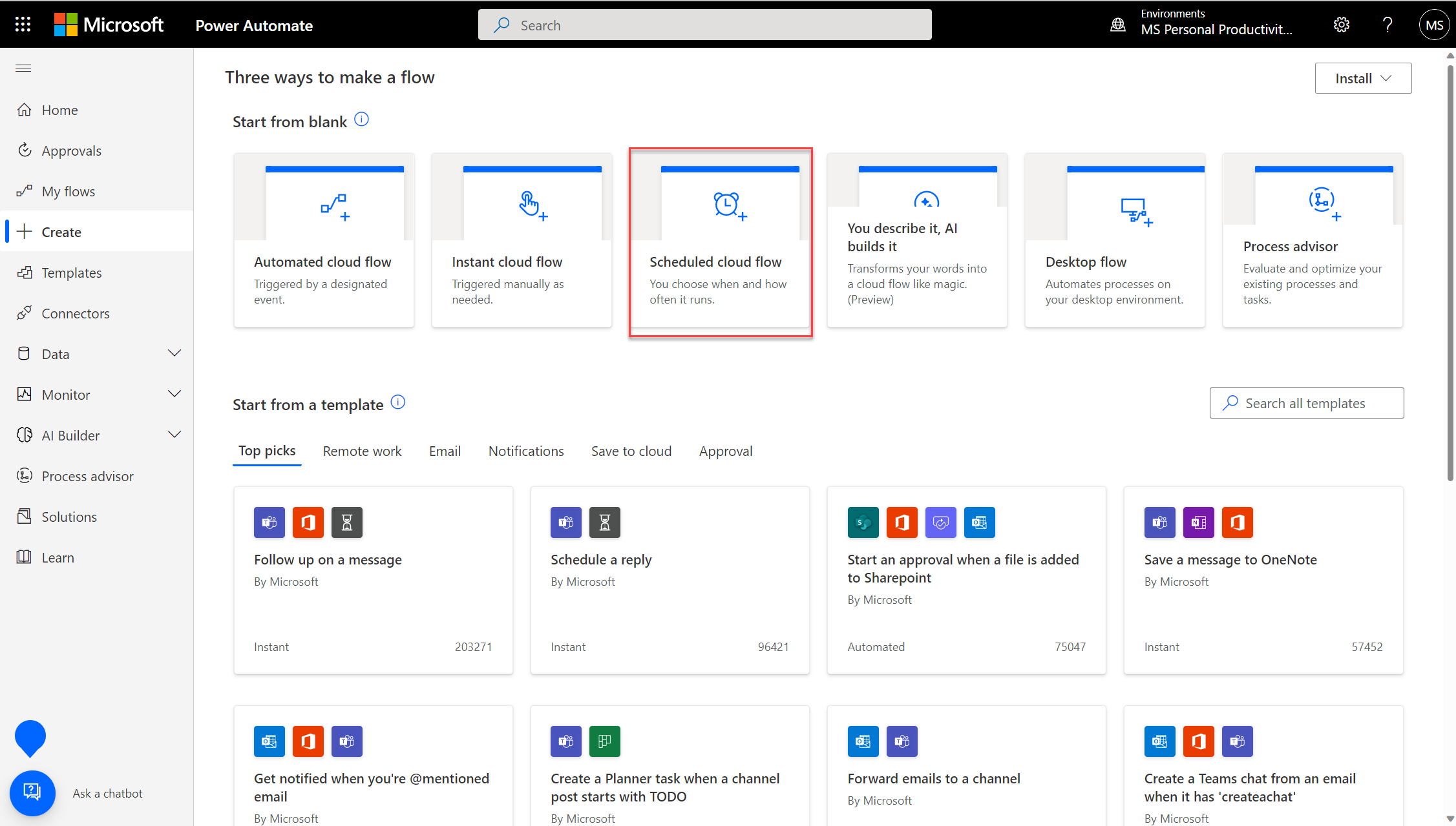 Capture d’écran montrant la fenêtre Créer de Power BI avec le flux cloud planifié en évidence.