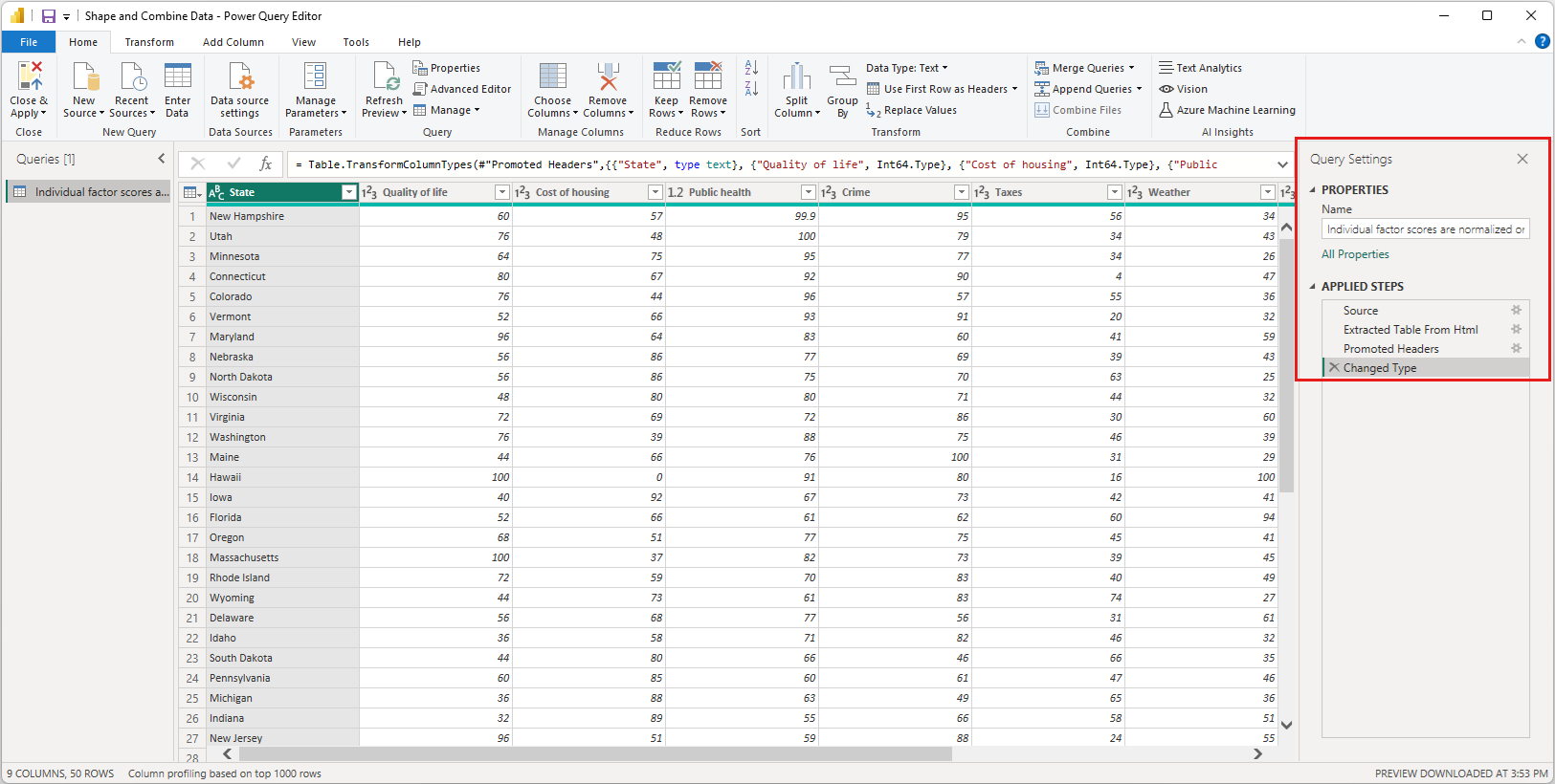 Capture d’écran de la fenêtre de l’Éditeur Power Query avec les Paramètres de requête mis en évidence.