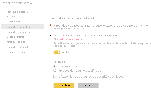 Paramètres d’espace de travail d’administrateur Power BI