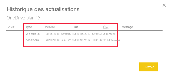 Capture d’écran montrant l’écran Historique des actualisations.