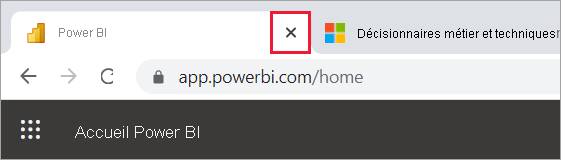 A screenshot showing the x on the browser tab to close Power BI.