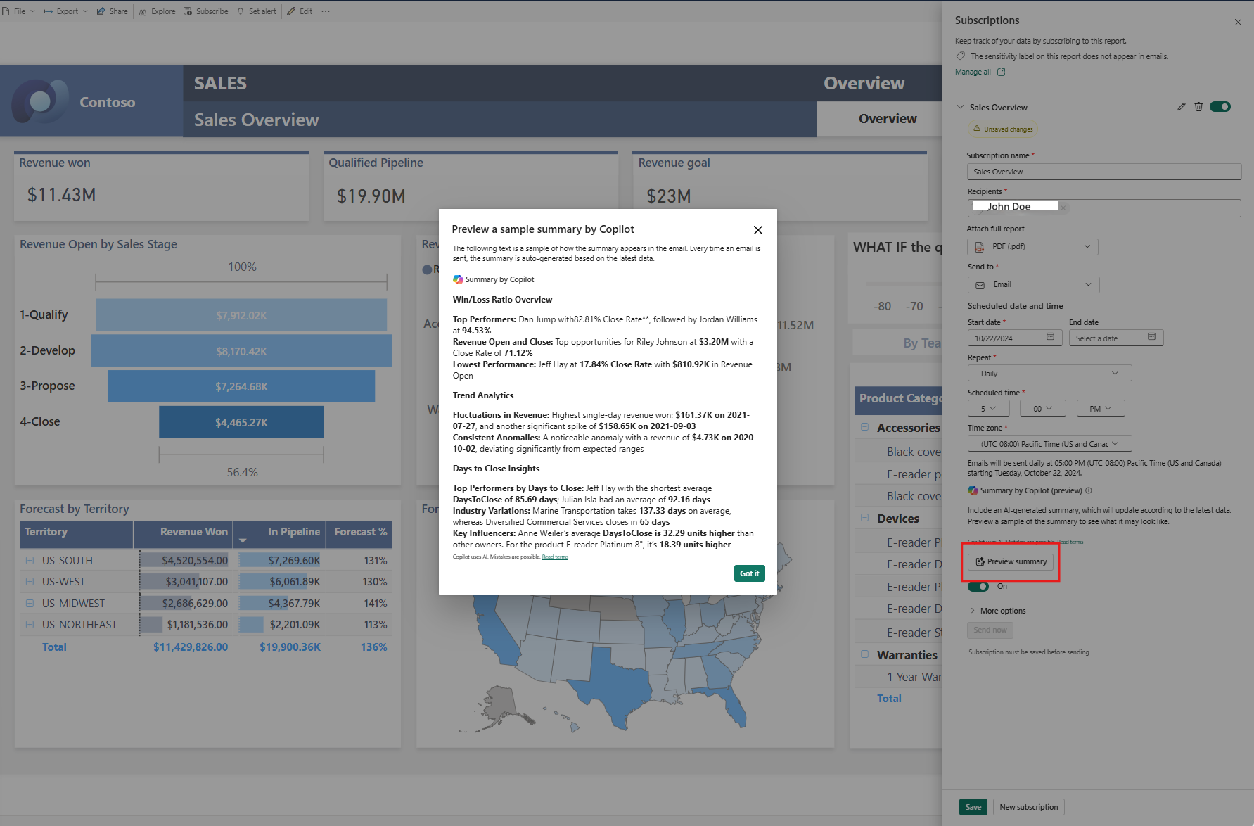 Capture d’écran montrant l’aperçu du résumé de l’abonnement.