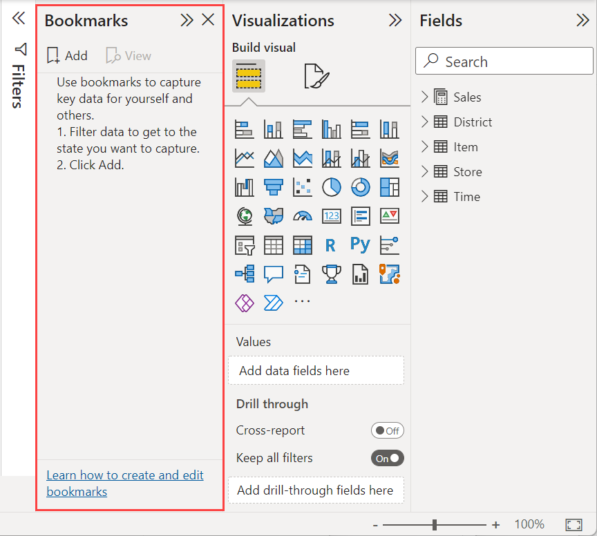 Capture d’écran montrant les signets dans Power BI.