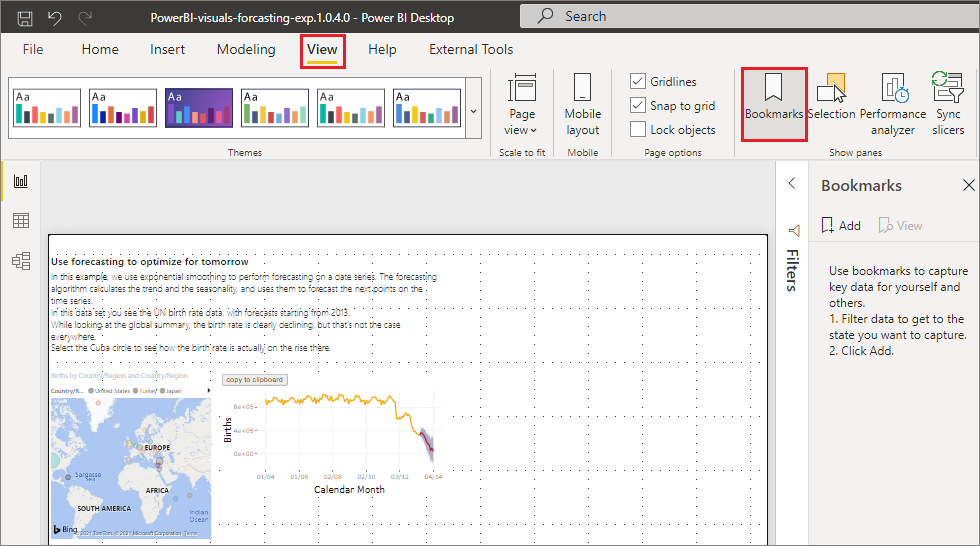 Capture d’écran montrant comment activer le volet Signets dans Power&nbsp;BI Desktop.