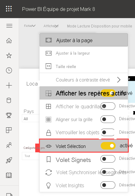 Capture d’écran montrant comment activer le volet Sélection dans le service Power&nbsp;BI.