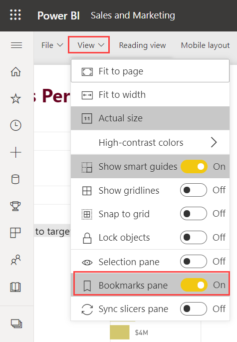 Capture d’écran montrant comment activer le volet Signets dans le service Power&nbsp;BI.