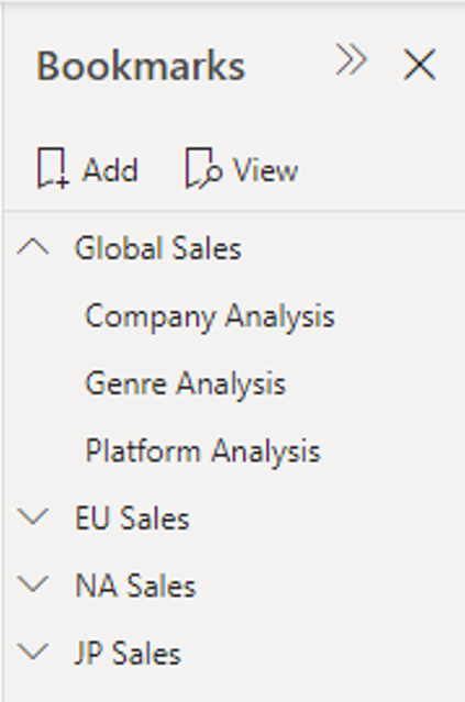 Capture d’écran du volet Signets dans Power BI. Quatre groupes sont répertoriés. Le groupe supérieur est développé et contient trois signets.