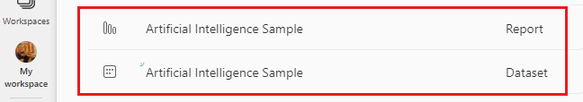 Capture d’écran montrant l’exemple de rapport Intelligence artificielle répertorié dans Mon espace de travail.