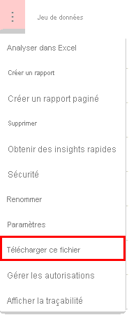 Capture d’écran du menu «&nbsp;Autres options&nbsp;» de l’espace de travail Power&nbsp;BI sur un modèle sémantique avec l’option «&nbsp;Télécharger le fichier .pbix&nbsp;» mise en évidence.