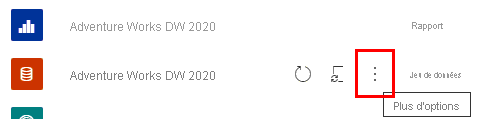 Capture d’écran de la vue du contenu de l’espace de travail Power&nbsp;BI avec le bouton «&nbsp;Autres options&nbsp;» en évidence sur un modèle sémantique.