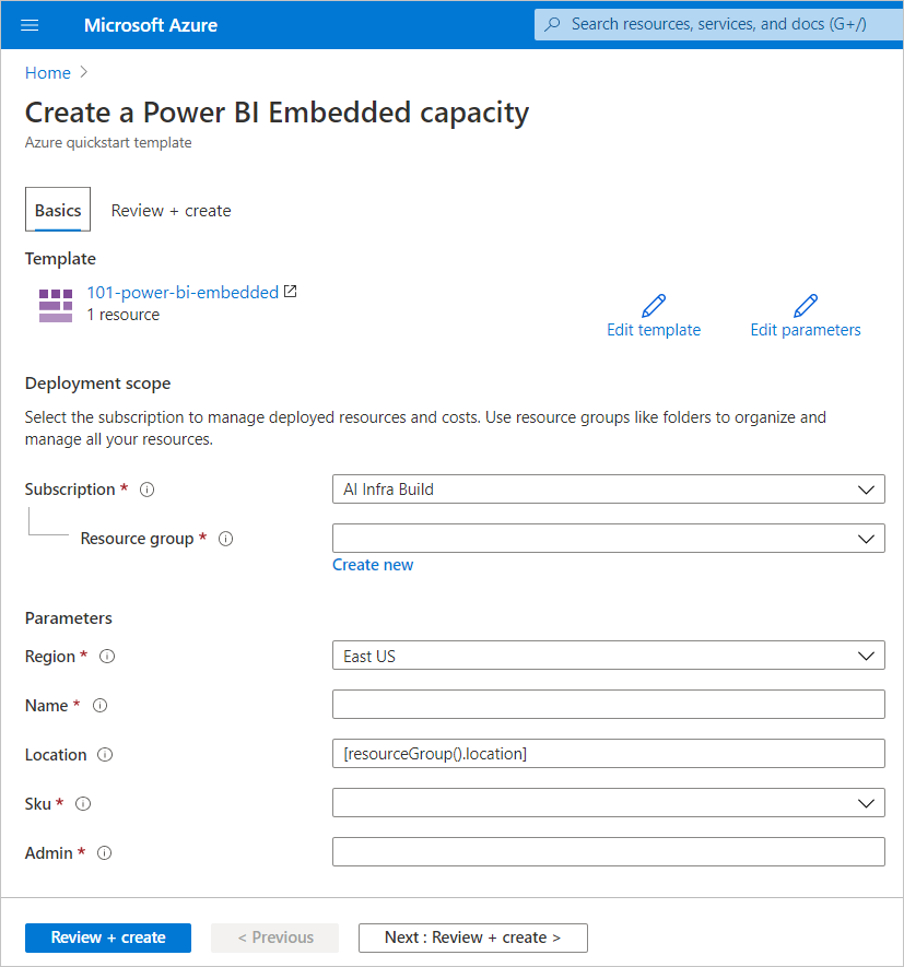 Capture d’écran montrant l’onglet Général de la page Créer une capacité Power BI Embedded pour créer une nouvelle capacité dans le portail Azure.