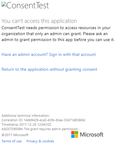 Capture d’écran de la boîte de dialogue de connexion du portail Azure, qui affiche l’erreur d’autorisation de test de consentement.