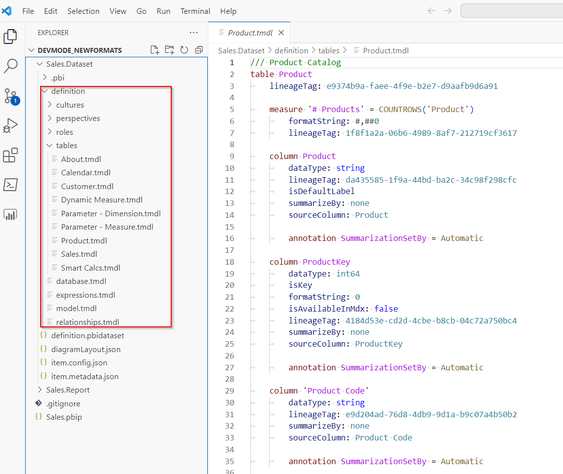 Capture d’écran d’un dossier de définition de modèle sémantique dans VS Code.