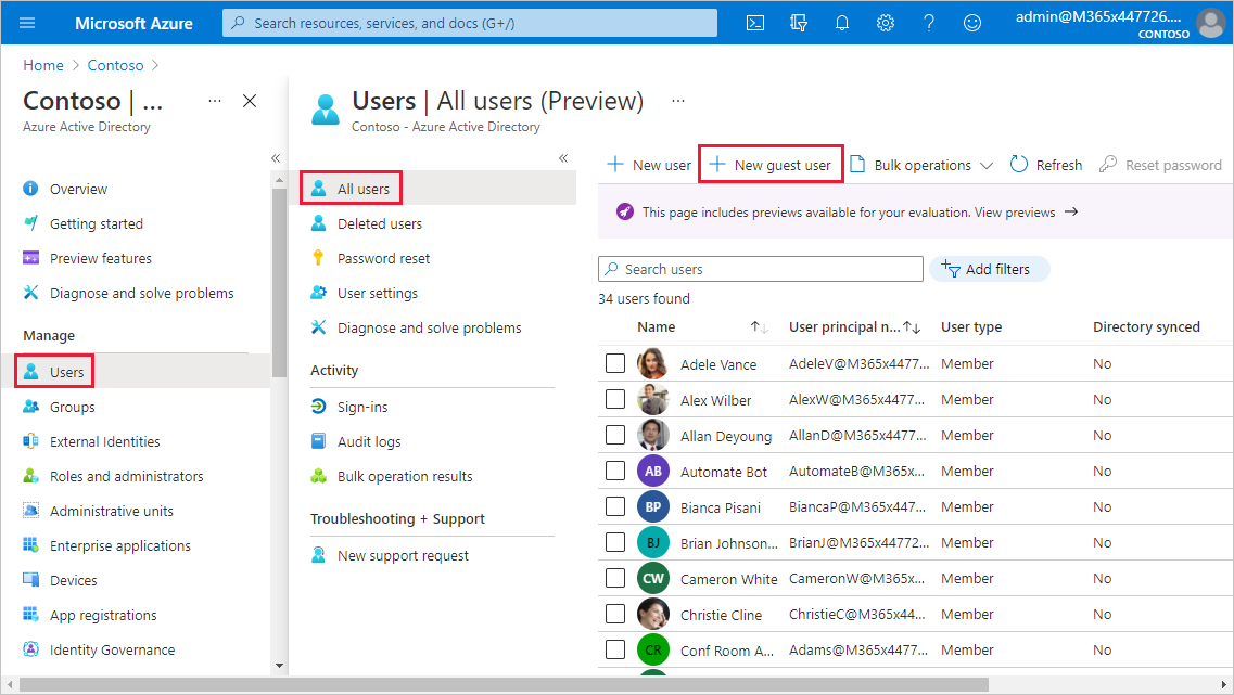 Screenshot of the Azure portal with the New guest user option called out.