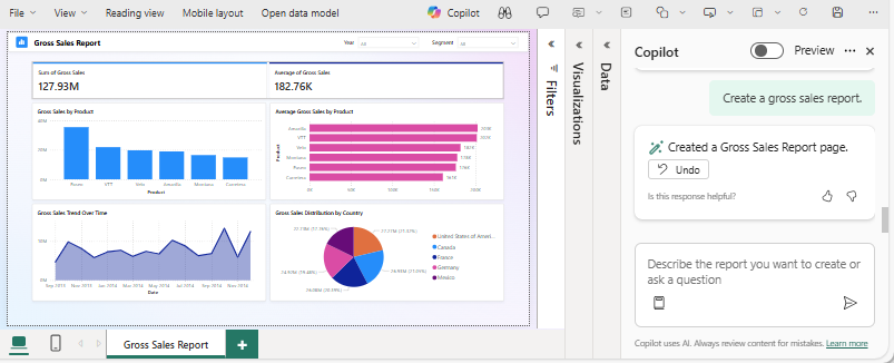 Capture d’écran montrant le canevas de rapport et le volet Copilot.