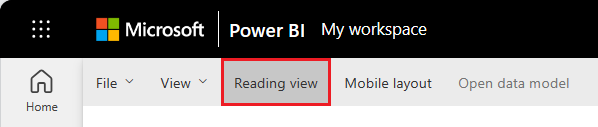 Screenshot that shows how to switch to the Reading view of a report canvas.