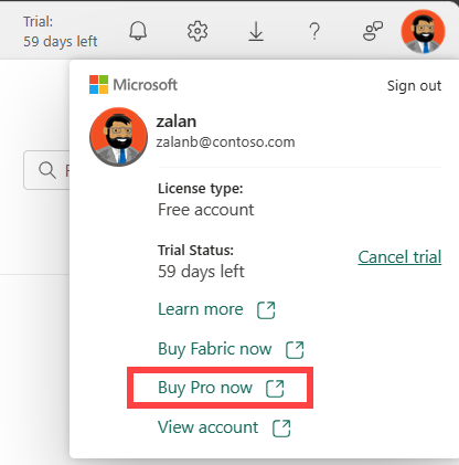 Capture d’écran du menu Gestionnaire de comptes Power BI avec l’option Acheter Pro maintenant en rouge, montrant le parcours d'achat intégré au produit.