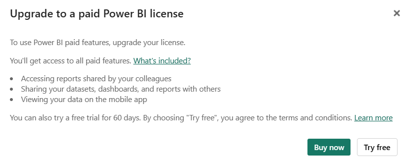 Capture d’écran d’une boîte de dialogue Power BI invitant l’utilisateur à effectuer une mise à niveau à partir d’une licence Fabric Gratuite vers une licence Power BI Pro ou Premium payante.