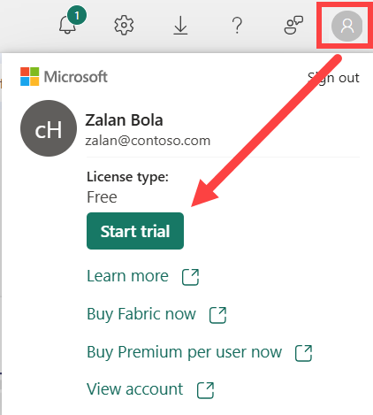 Capture d’écran du panneau Gestionnaire de comptes Power BI avec le bouton Démarrer l’essai mis en surbrillance pour commencer une version d’évaluation de capacité Fabric.