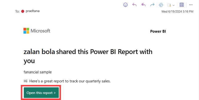 Capture d’écran d’un e-mail contenant un lien de tableau de bord ou de rapport Power BI partagé qui lance le processus d’inscription.