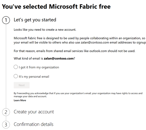 Capture d’écran de l’écran d’inscription Power BI affiché lorsqu’aucun compte existant n’est détecté, invitant l’utilisateur à créer un compte ou un locataire.