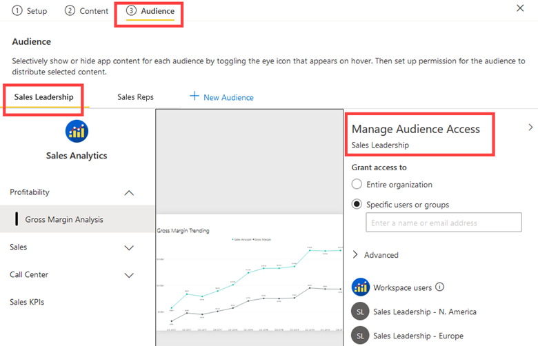 Capture d’écran de la configuration d’une audience d’application dans le service Power&nbsp;BI.