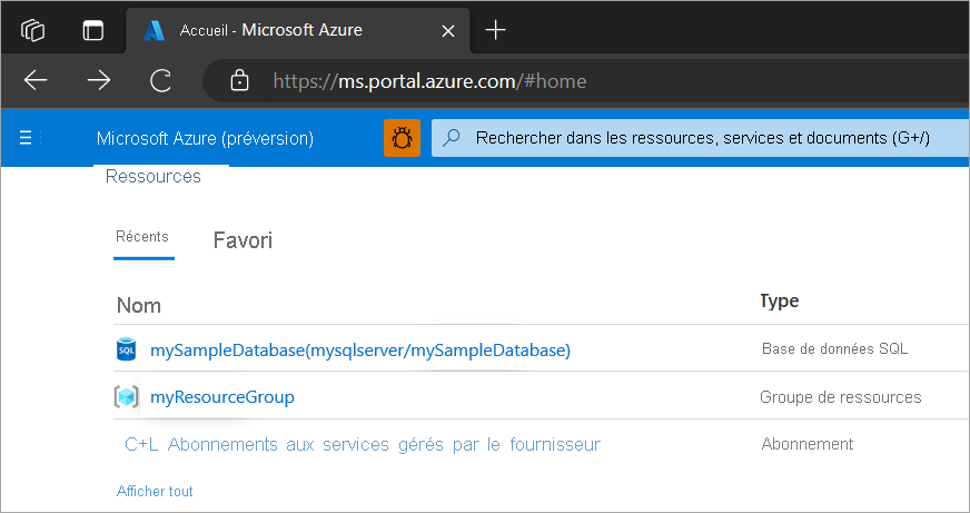 Capture d’écran montrant le portail Azure dans la Liste de ressources du portail Azure.