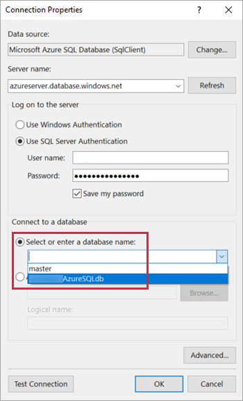 Capture d’écran de la boîte de dialogue Propriétés de connexion, montrant où trouver les options Se connecter à une base de données.