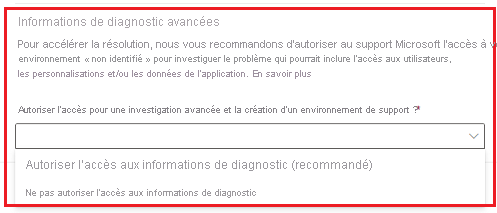 Capture d’écran d’une demande de support avec des options de consentement pour accéder aux informations de diagnostic.