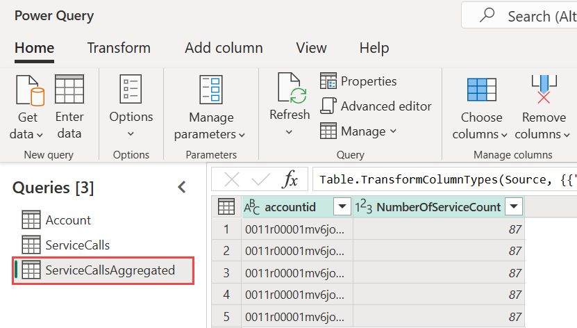 Capture d’écran d’un Éditeur Power Query, mettant en évidence une table en cours de modification.