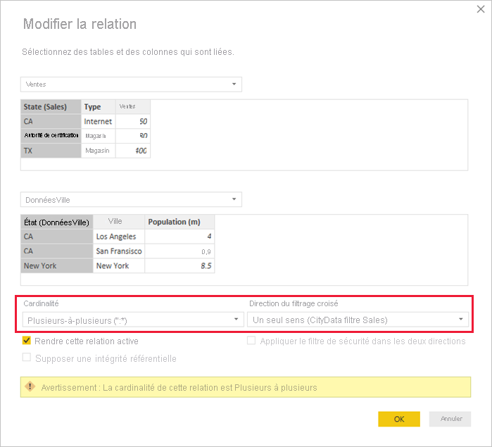 Screenshot of a many-to-many relationship in the Edit relationship pane.