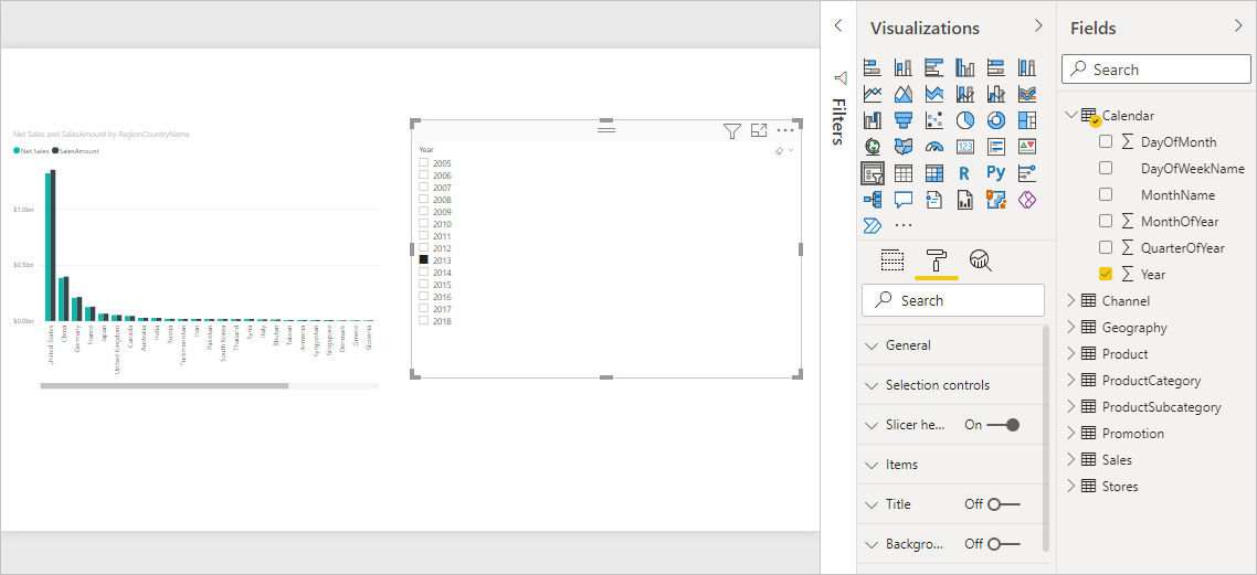 Capture d’écran du graphique Net Sales and SalesAmount segmenté par année.