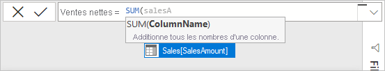 Capture d’écran de la sélection de SalesAmount pour la formule SUM.