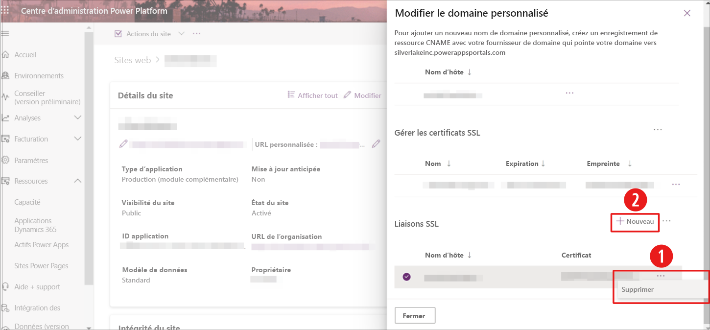 Une capture d’écran du centre d’administration Power Platform avec l’option pour supprimer les liaisons SSL et ajouter un nouveau certificat SSL mise en évidence.