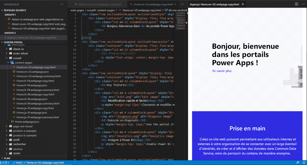 Un écran avec une liste de fichiers, un fichier ouvert dans l’éditeur Visual Studio Code et un aperçu sur le côté droit.