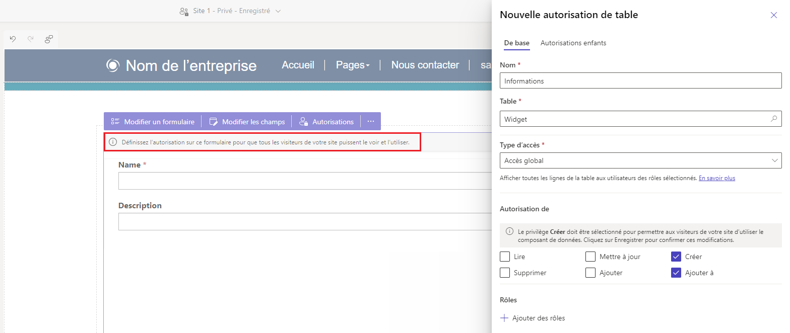 Configurer les autorisations de table.