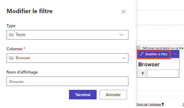 Options du menu Modifier le filtre dans le studio de conception.