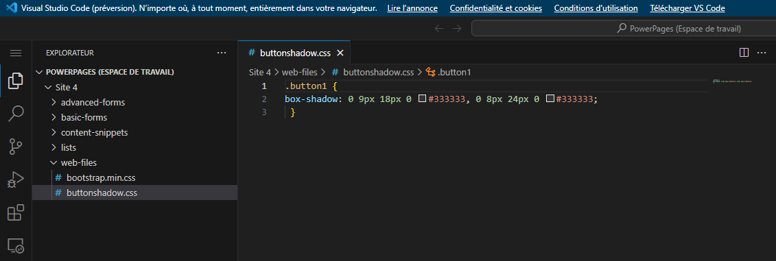 Modifier le fichier CSS dans Visual Studio Code pour le Web.