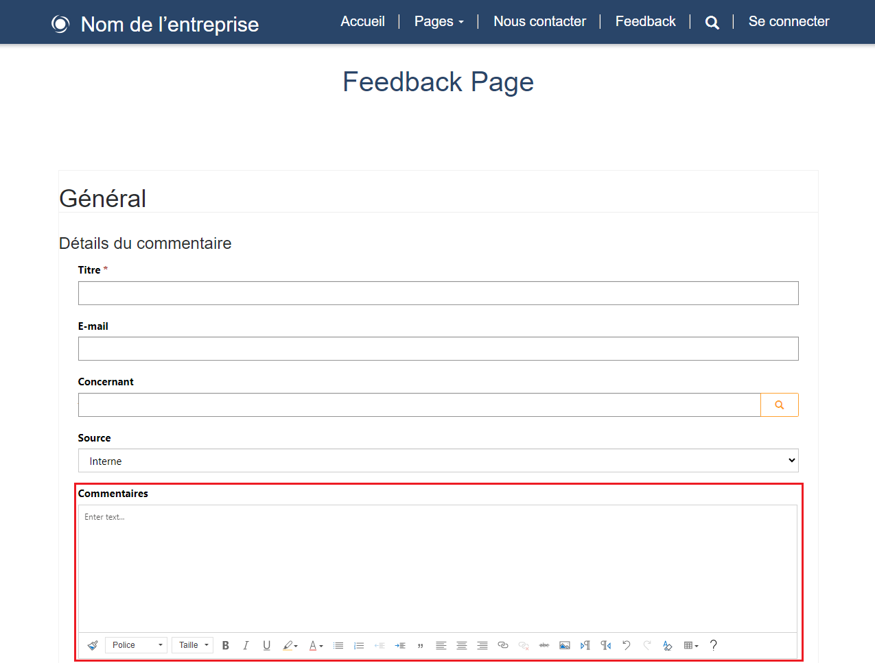 Formulaire de commentaires avec contrôle de l’éditeur de texte enrichi sur les commentaires.