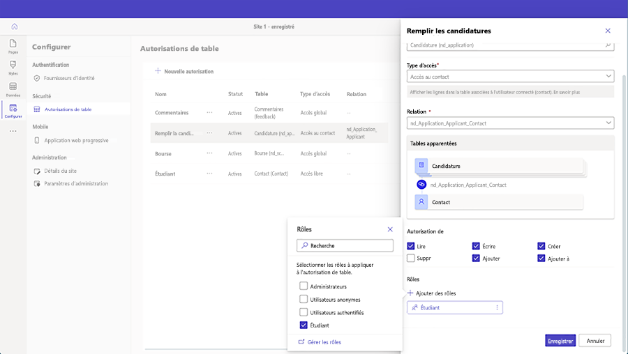 Capture d’écran de l’ajout de rôles Web à une autorisation de table dans Power Pages.