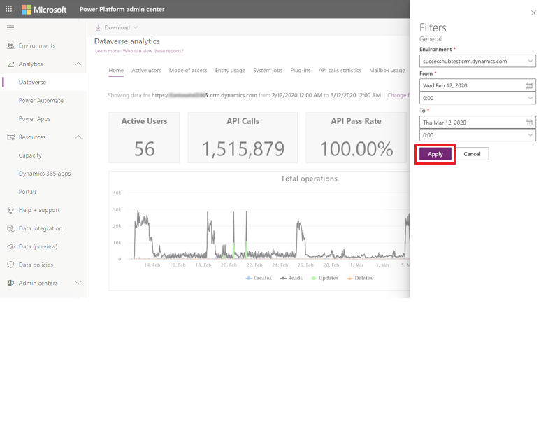 Application des filtres de modification de l’analyse Dataverse.