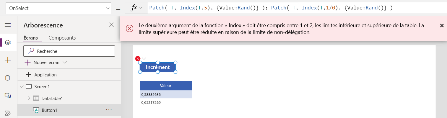 Première erreur d’index affichée dans une bannière d’erreur, la deuxième erreur n’est pas signalée