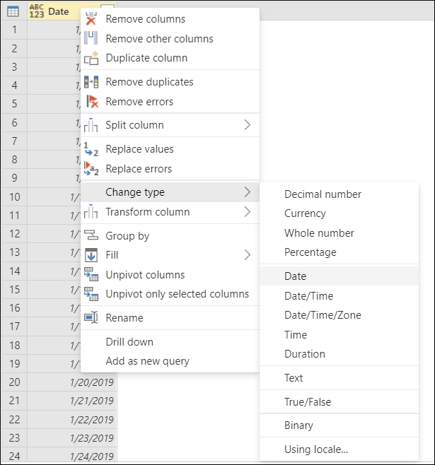 Commande Modifier le type dans le menu contextuel de la colonne.