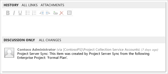 History and Project Server synch message