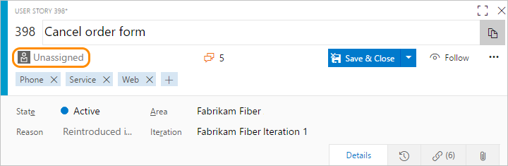 Web work item form, Assign to field