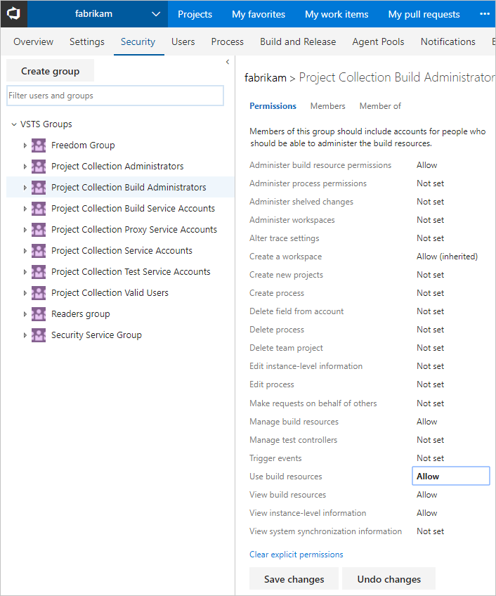 Configure the build administrators group permissions