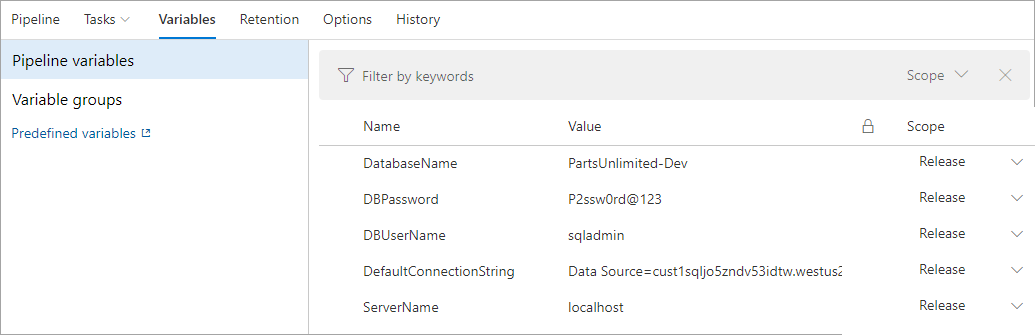 Configuring pipeline variables