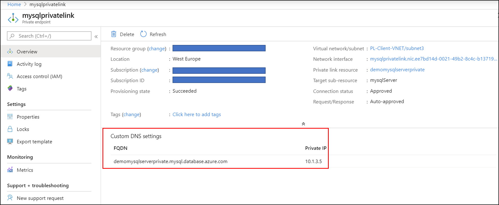 Instance Private Link créée